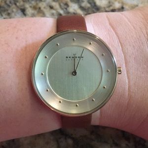 Skagen gold + cognac leather watch